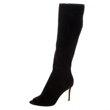 Pre Owned Gianvito Rossi Black Suede Open Toe Knee High Boots Size 37