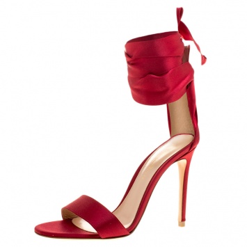 Pre Owned Gianvito Rossi Red Satin Gala Ankle Wrap Open Toe Sandals Size 35.5