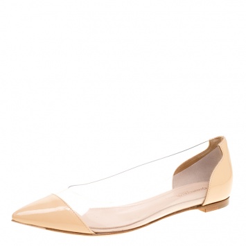 Pre Owned Gianvito Rossi Beige Patent Leather and PVC Plexi Pointed Toe Ballet Flats Size 36