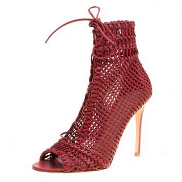 Pre Owned Gianvito Rossi Burgundy Woven Leather Marnie Lace Up Peep Toe Ankle Boots Size 39.5