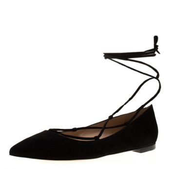 Pre Owned Gianvito Rossi Black Suede Femi Ankle Wrap Pointed Toe Flats Size 39