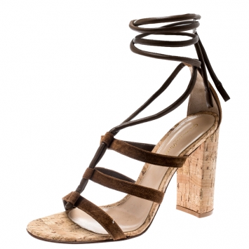 Pre Owned Gianvito Rossi Brown Suede And Leather Cayman Ankle Wrap Strappy Sandals Size 38
