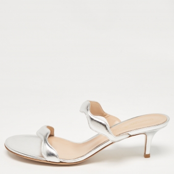 Pre Owned Gianvito Rossi Silver Leather Wavy Sandals Size 39.5