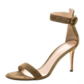 Pre Owned Gianvito Rossi Olive Green Suede Portofino Ankle Strap Sandals Size 39