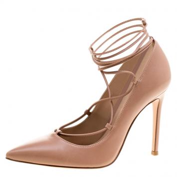 Pre Owned Gianvito Rossi Tan Leather Femi Lace Up Pointed Toe Pumps Size 35