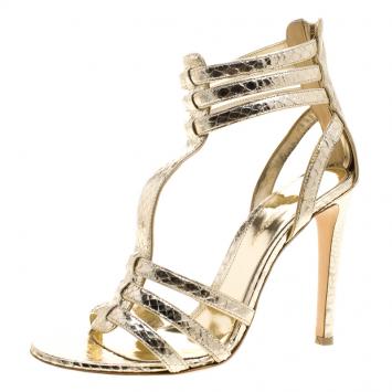 Pre Owned Gianvito Rossi Metallic Gold Python Embossed Leather T Strap Sandals Size 37