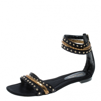 Pre Owned Gianvito Rossi Black Studded Satin And Metallic Gold Python Leather Ankle Strap Flat Open Toe Sandals Size 41