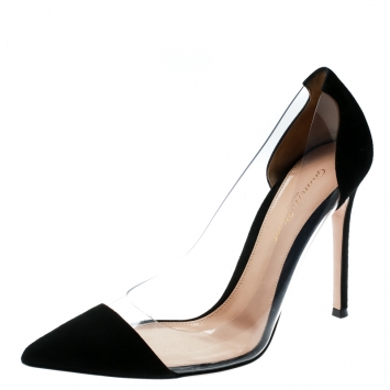 Pre Owned Gianvito Rossi Black Suede and PVC Plexi Pointed Toe Pumps Size 38.5