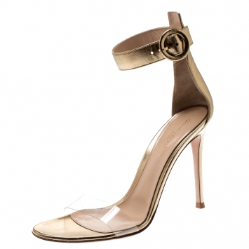Pre Owned Gianvito Rossi Metallic Gold Leather And PVC Stella Ankle Strap Sandals Size 38