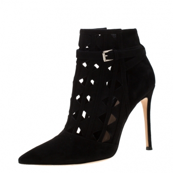 Pre Owned Gianvito Rossi Black Suede Diamond Cut Out Ankle Boots Size 39