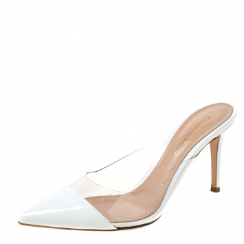 Pre Owned Gianvito Rossi White Leather and PVC Plexi Pointed Toe Mule Sandals Size 38