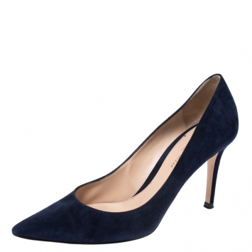 Pre Owned Gianvito Rossi Navy Blue Suede Gianvito Pointed Toe Pumps Size 37.5