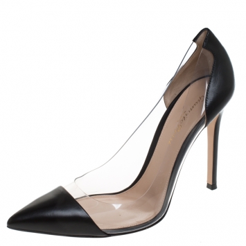 Pre Owned Gianvito Rossi Black Leather And PVC Plexi Pointed Toe Pumps Size 38.5