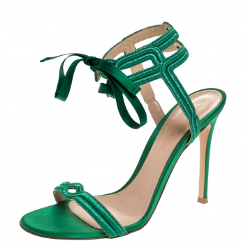 Pre Owned Gianvito Rossi Green Embroidered Fabric And Satin Lace Ankle Wrap Open Toe Sandals Size 37.5