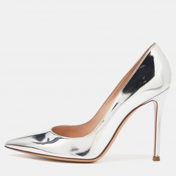 Pre Owned Gianvito Rossi Silver Laminated Leather Pointed Toe Pumps Size 37