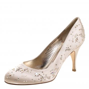 Pre Owned Gina Beige Crystal Studded Satin Pumps Size 38