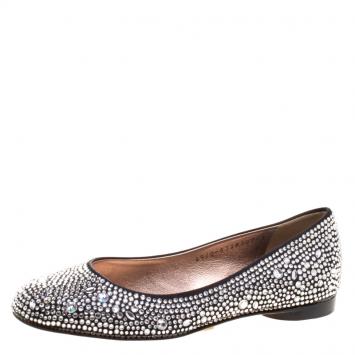 Pre Owned Gina Black Crystal Embellished Satin Ballet Flats Size 36