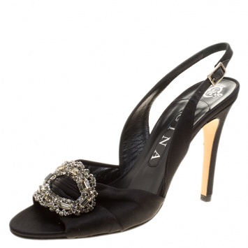 Pre Owned Gina Black Satin Crystal Brooch Embellished Slingback Sandals Size 38