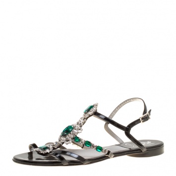 Pre Owned Gina Black Patent Leather Crystal Embellished Strappy Flat Sandals Size 39