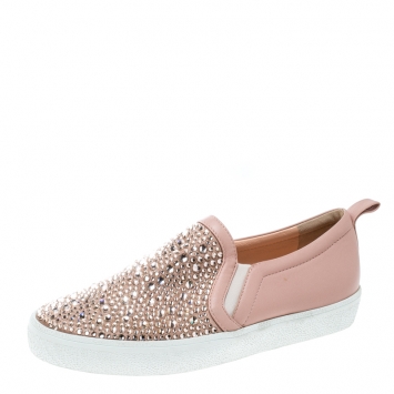 Pre Owned Gina Pink Leather and Crystal Embellished Satin Gioia Slip On Skate Sneakers Size 39