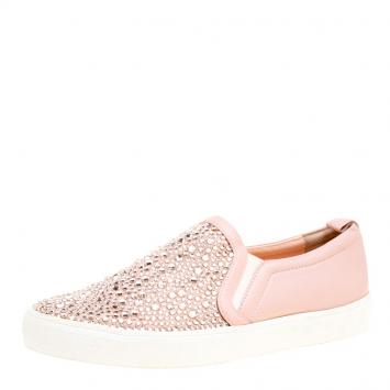 Pre Owned Gina Pink Leather and Crystal Embellished Satin Gioia Slip On Skate Sneakers Size 42