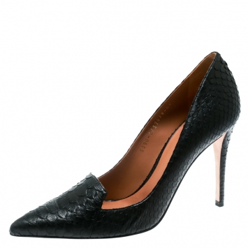 Pre Owned Gina Black Python Leather Pointed Toe Pumps Size 39.5