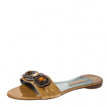 Pre Owned Gina Yellow Patent Leather Crystal Embellished Slip On Flat Sandals Size 41