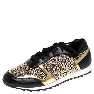 Pre Owned Gina Black Leather/Satin Luminosa Swarovski Sneakers Size 41