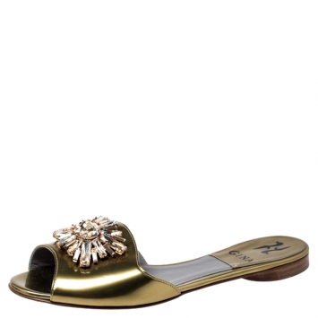 Pre Owned Gina Metallic Gold Crystal Embellished Flat Slides Size 37.5