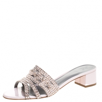 Pre Owned Gina Pink Patent Leather Crystal Embellished Slip On Sandals Size 40.5