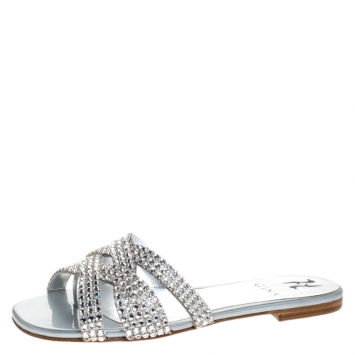 Pre Owned Gina Silver Crystal Embellished Leather Flat Slides Size 37.5