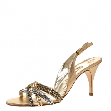 Pre Owned Gina Metallic Gold Leather Crystal Embellished Slingback Sandals Size 41
