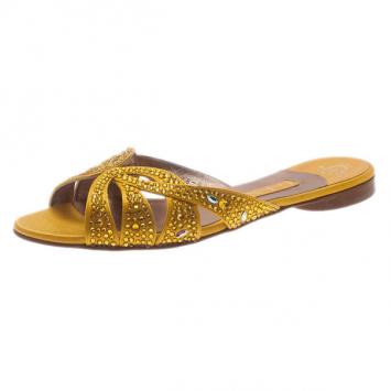 Pre Owned Gina Yellow Satin Crystal Sabrina Flat Sandals Size 37.5