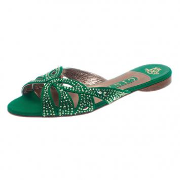 Pre Owned Gina Green Canvas Crystal Sabrina Flat Sandals Size 37.5