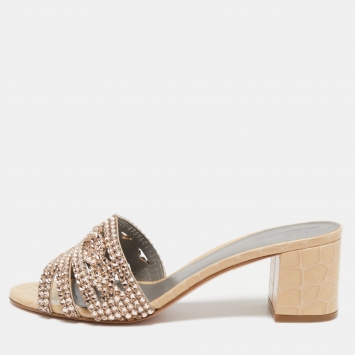 Pre Owned Gina Beige Leather Crystal Embellished Slide Sandals Size 39