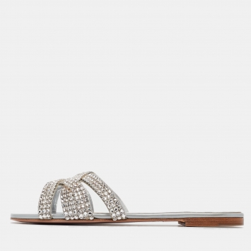 Pre Owned Gina Silver Crystal Embellished Leather Orion Flat Slides Size 39.5