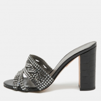 Pre Owned Gina Black Croc Embossed Patent and Leather Rodeo Sandals Size 38