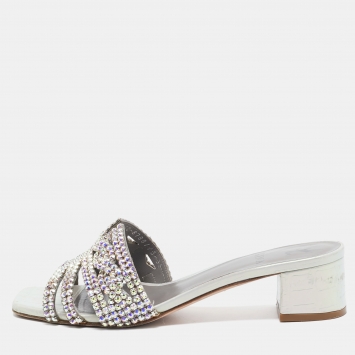 Pre Owned Gina Grey Croc Embossed Leather Crystal Embellished Loren Sandals Size 38