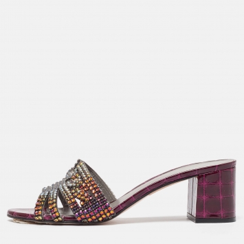 Pre Owned Gina Burgundy Croc Embossed Leather Crystal Embellished Loren Slide Sandals Size 41.5