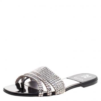 Pre Owned Gina Silver Crystal Embellished Flat Slides Size 40