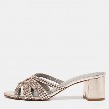 Pre Owned Gina Rose Gold Leather Crystal Embellished Dexie Block Heel Sandals Size 39