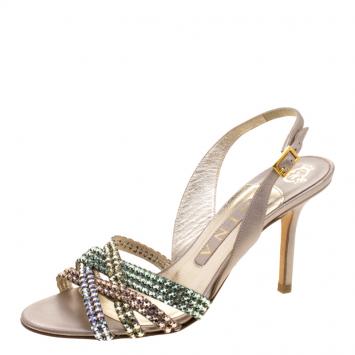 Pre Owned Gina Metallic Pale Pink Leather Crystal Embellished Slingback Sandals Size 37