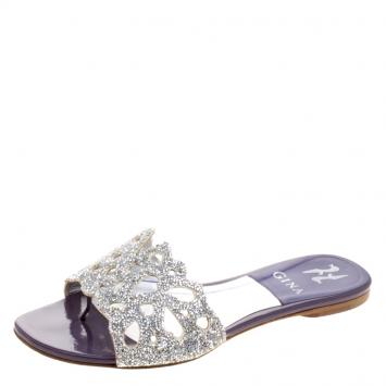Pre Owned Gina Purple Crystal Embellished Leather Flat Slides Size 37.5