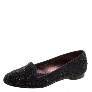 Pre Owned Gina Black Crystal Embellished Satin Smoking Slippers Size 38