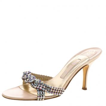 Pre Owned Gina Beige Crystal Embellished Leather Slides Size 37