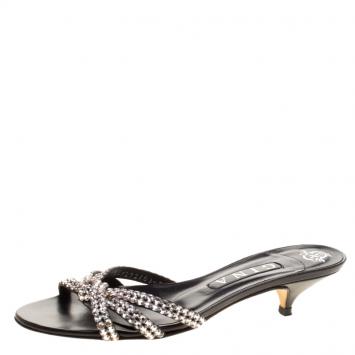 Pre Owned Gina Black Embellished Knotted Open Toe Slides Size 38