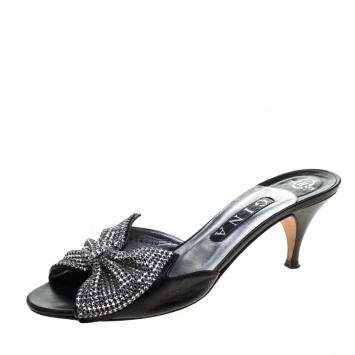 Pre Owned Gina Black Crystal Embellished Leather Sandals Size 39.5
