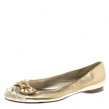 Pre Owned Gina Metallic Gold/Beige Leather and Satin Crystal Embellished Cap Toe Bow Ballet Flats Size 41