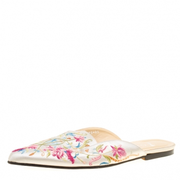 Pre Owned Gina Beige Silk Satin Floral Embroidered Flat Mules Size 39.5