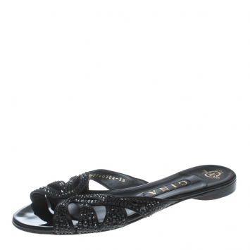 Pre Owned Gina Black Satin and Crystal Embellished Flat Slides Size 38.5